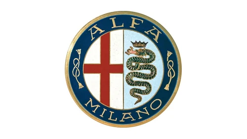 Первый логотип Alfa Romeo 1910 года: ALFA и MILANO на синем кольце, красный крест Милана и змея Висконти
