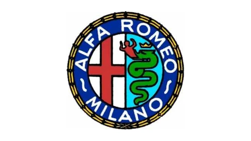 Рисунок полноцветной эмалевой эмблемы Alfa Romeo 1950 года с надписью MILANO и двумя волнистыми линиями на месте савойских узлов