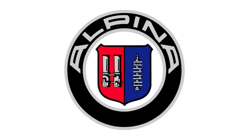 Логотип Alpina 1967 года — н. в.: красно-синий щит в чёрном кольце с названием