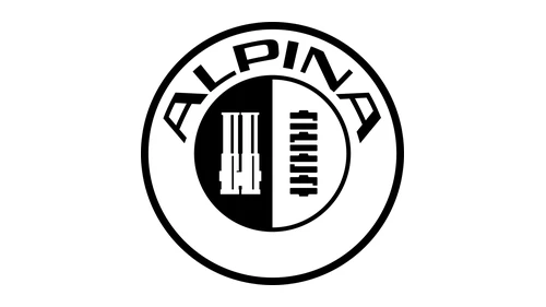 Логотип Alpina 2026 года: чёрно-белая эмблема, разделённая пополам