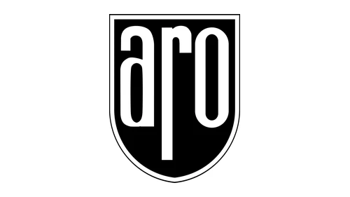 Логотип ARO 1957–2003 годов: сплошной чёрный щит с белыми буквами aro