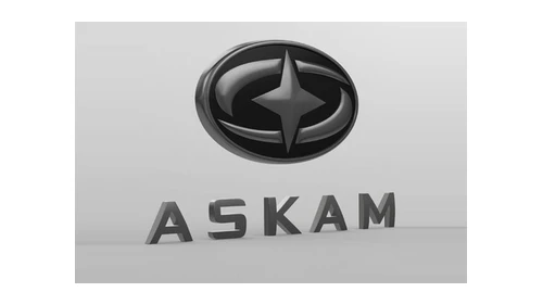 Логотип Askam 1990–2015 годов: чёрно-серебристый значок с четырёхконечной звездой в овале