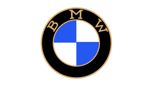 Первый логотип BMW 1917 года: золотые буквы и сине-белые четверти