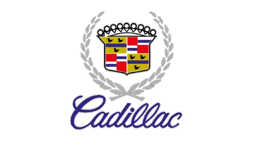 Логотип Cadillac 1990-х: герб с венком над крупной синей надписью Cadillac прописью
