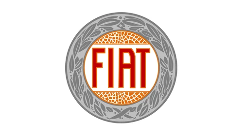 Круглый гоночный логотип Fiat 1921 года: красные буквы на белом поле внутри лаврового венка