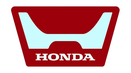 Первый логотип Honda на автомобиле, 1963 год: светло-голубая H на тёмно-красном значке-трапеции