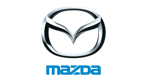 Логотип Mazda 1997 года: хромированная крылатая M в овале и синий словесный знак mazda под ней