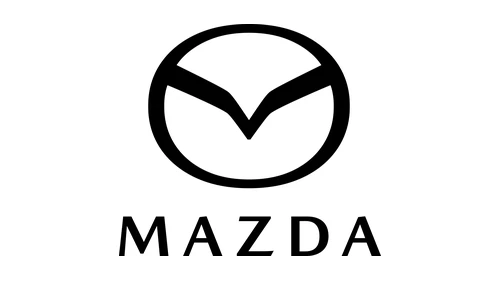Новый логотип Mazda 2025 года: плоская чёрная крылатая M в кольце над новым словесным знаком MAZDA