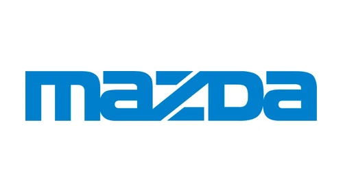 Логотип Mazda 1975 года: синяя надпись mazda с диагональным разрезом через букву Z