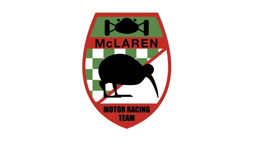 Поздний вариант герба McLaren около 1965 года: надпись McLAREN над щитом с киви