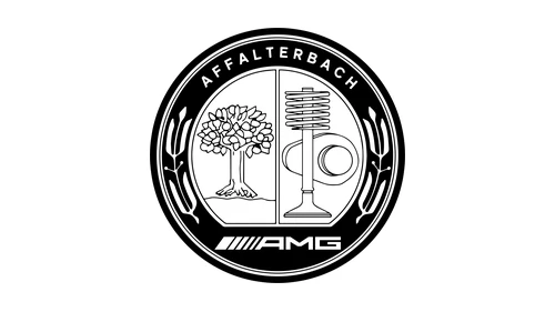 Эмблема Mercedes-AMG: яблоня и река Аффальтербаха рядом с кулачком, клапаном и пружиной клапана