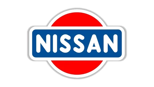 Первый логотип Nissan 1930-х годов: красное солнце, тёмно-синяя полоса и белые заглавные буквы NISSAN