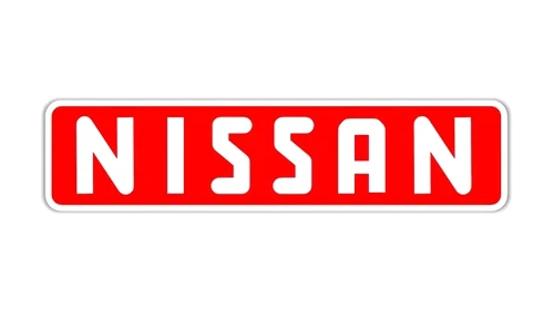 Значок Nissan: жирные белые заглавные NISSAN в красном скруглённом прямоугольнике с белой рамкой