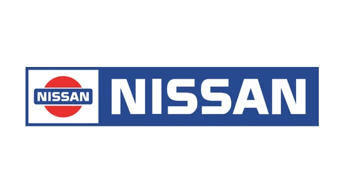 Логотип Nissan 1983 года работы Pentagram: красное солнце и синяя полоса с белой надписью NISSAN