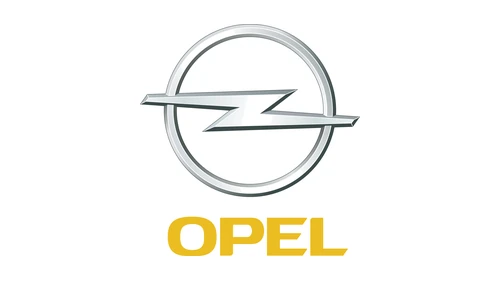 Автомобильный логотип Opel 2002 года: объёмная серебристая молния над жёлтой табличкой с названием