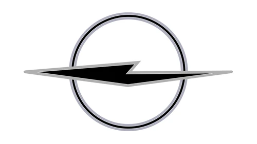 Логотип Opel 1963 года: первая чёрная молния с серебристой кромкой, пересекающая кольцо