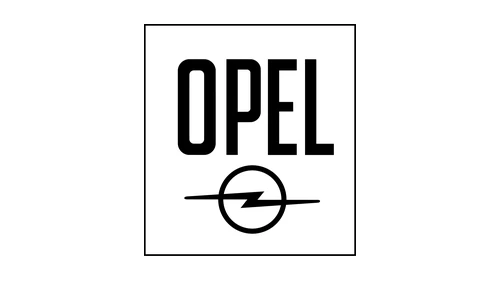 Логотип Opel 1964–1970 годов: кольцо с молнией и название OPEL в квадрате с рамкой