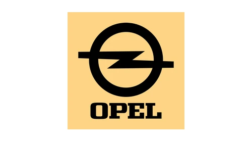 Логотип Opel 1970 года: чёрное кольцо с молнией и название OPEL в жёлтом квадрате