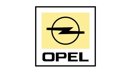 Логотип Opel 1987–2002 годов: небольшое бледно-жёлтое поле внутри белого квадрата