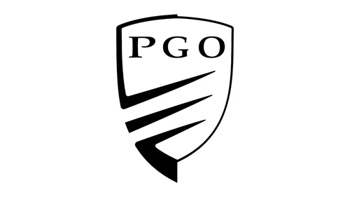 Логотип PGO с 1980 года по настоящее время: чёрный щит с буквами PGO