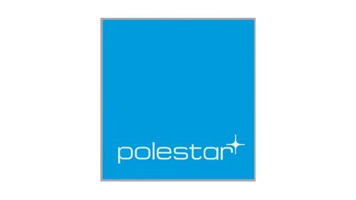 Старый логотип Polestar до 2017 года: голубой квадратный значок с белой надписью и маленькой четырёхконечной звездой
