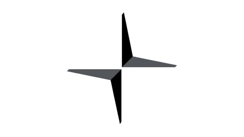 Эмблема Polestar на автомобиле: крылья с изломом, разделённые на чёрную и тёмно-серую половины