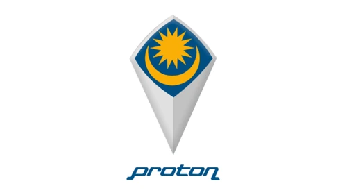 Первый логотип Proton 1983 года: жёлтые звезда и полумесяц на синем поле в серебристом ромбе