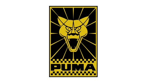 Логотип Puma около 1964–1995 годов: чёрно-жёлтый прямоугольник с головой пумы