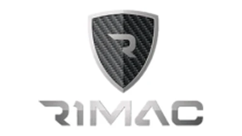 Логотип Rimac около 2009–2016 годов: щит с узором под углеволокно и хромированной надписью