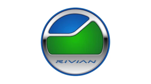 Старый логотип Rivian с сайтов об истории логотипов: круглый сине-зелёный значок с курсивной надписью RIVIAN