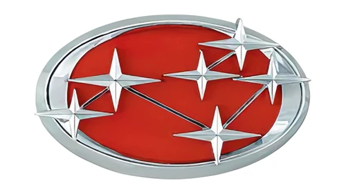 Старый логотип Subaru 1960-х годов: серебряные звёзды и рамка на красном фоне
