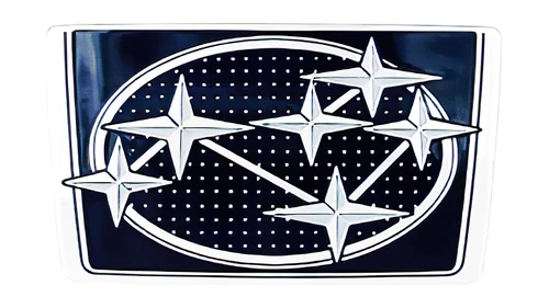 Значок Subaru 1970-х годов на трапециевидной пластине с тёмным точечным фоном внутри овала