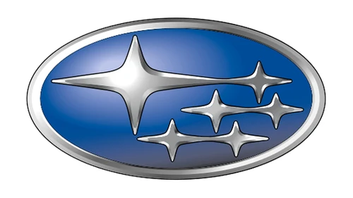 Эмблема Subaru 1999 года: серебряные скошенные звёзды на синем градиентном овале