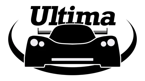 Логотип Ultima примерно с 1992 года: курсивная надпись над широким передом спорткара
