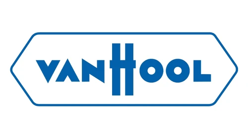 Логотип Van Hool с 2023 года: синяя надпись в шестиугольной рамке