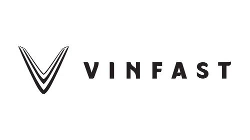 Чёрно-белый логотип VinFast: плоская чёрная V и надпись VINFAST в горизонтальной компоновке