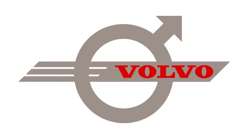 Старый значок Volvo в современной перерисовке: железное кольцо с тремя линиями движения и смещённой табличкой VOLVO